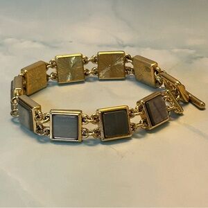 Vintage Monet Gold Tone and Grey Mother of Pearl Square Tile Link Bracelet
